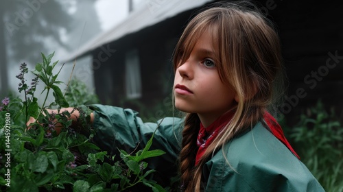 Young girl exploring lush green plants outdoors on a rainy day with house in background