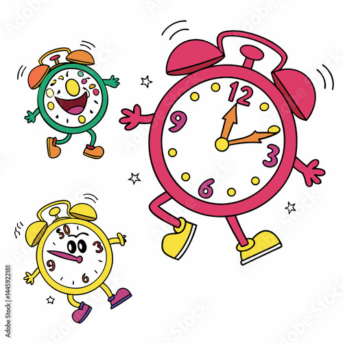 Colorful Cartoon Clock Characters Dancing Around the Face