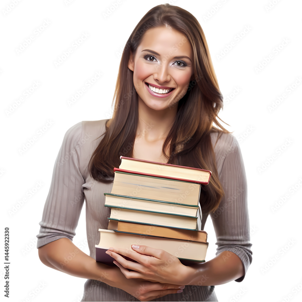 Smiling Woman Holding a Stack of Books Education and Learning Image isolated on transparent background Smiling Woman Holding a Stack of Books Education and Learning Image isolated on transparent background