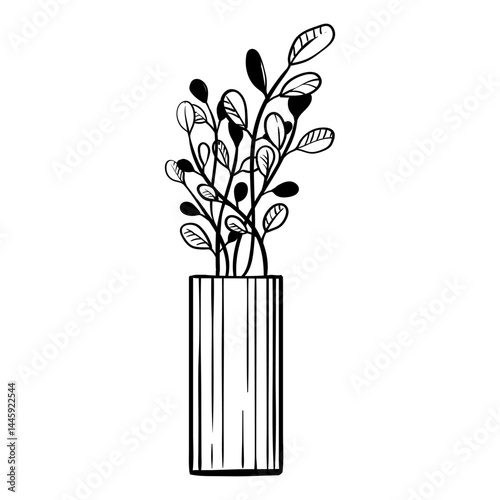 Detailed, graphic-style icon of a vase with plants featuring round leaves