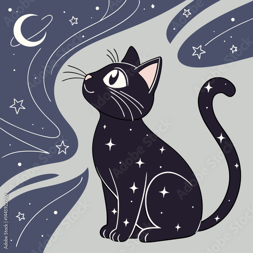 Elegant black cat with cosmic stars woven into its fur