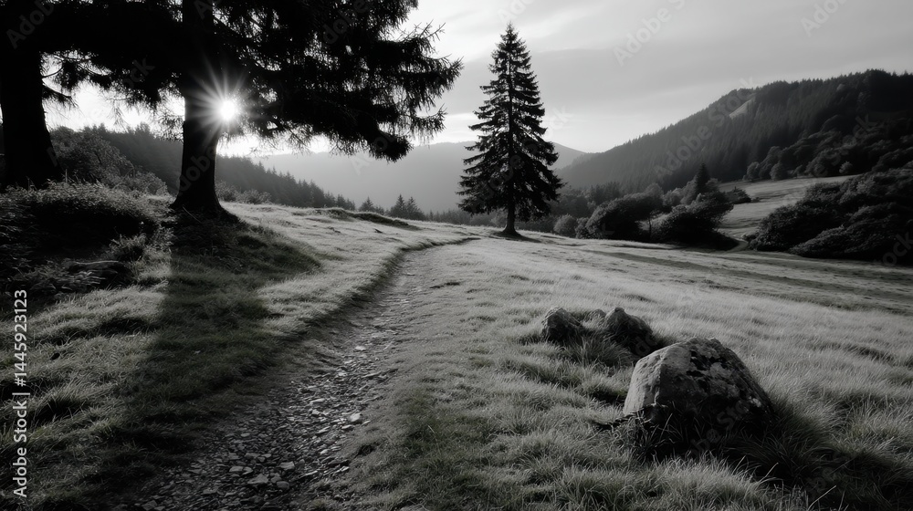 Obraz premium Serene mountain landscape with trees, grassy path, rocks, and sun shining through forest in black and white