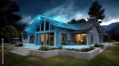 Modern smart house with digital hologram overlay in scenic mountain landscape at dusk