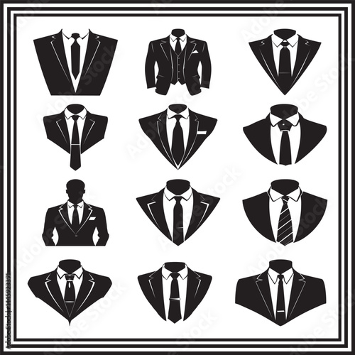 Vector male suit and tie silhouettes – businesswear and tuxedo icon set for fashion design, branding, menswear templates, or avatars