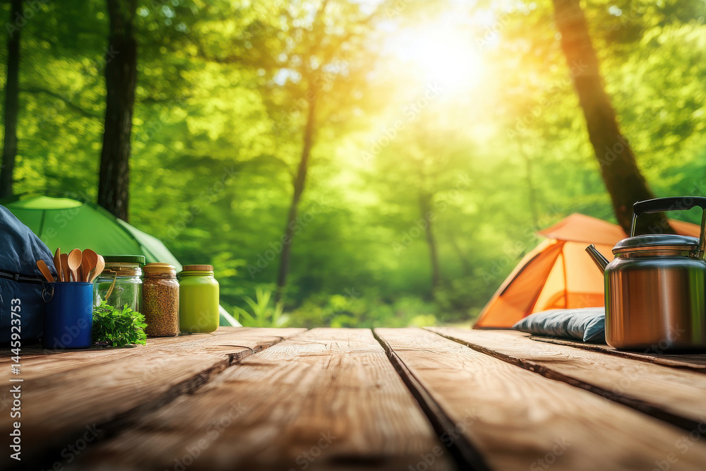 Fototapeta premium of camping gear set up in tent camp showcasing tents sleeping bags and cooking equipment.