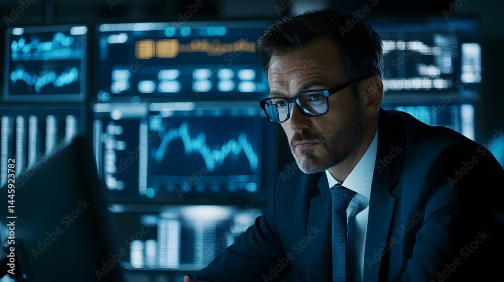 Analyst's Vigilance: A focused analyst, immersed in the digital realm, his gaze fixed on financial graphs and data visualizations displayed on expansive monitors, a symbol of the analytical process Analyst's Vigilance: A focused analyst, immersed in the digital realm, his gaze fixed on financial graphs and data visualizations displayed on expansive monitors, a symbol of the analytical process