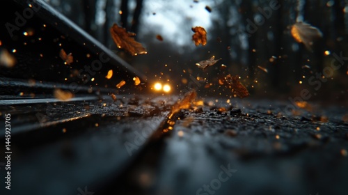 Dry autumn leaves swirl above a wet asphalt road at dusk as car headlights approach in the background.