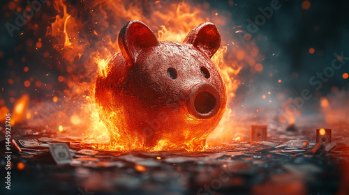 Piggy bank burning amidst scattered cash, fiery background