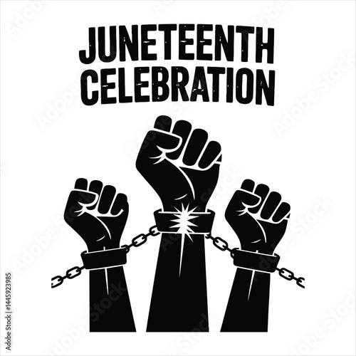 Silhouette of raised fists with broken chains symbolizing freedom and resilience against a juneteenth sunset background