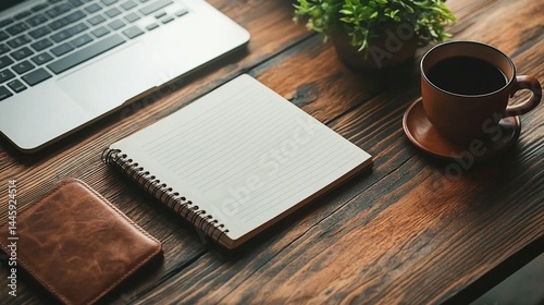 Flatlay of laptop, notebook, coffee, and plant on rustic wooden desk.