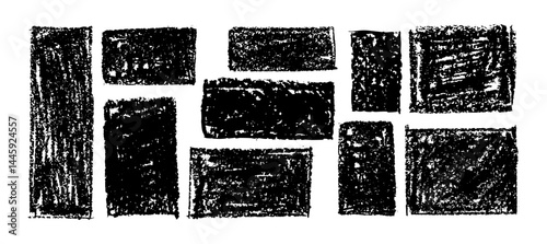 Kid doodle vector of rough rectangular shapes with pastel wax texture, resembling chalkboard or charcoal squiggle art. Grunge school style or kindergarden hand-drawn illustration for creative design.