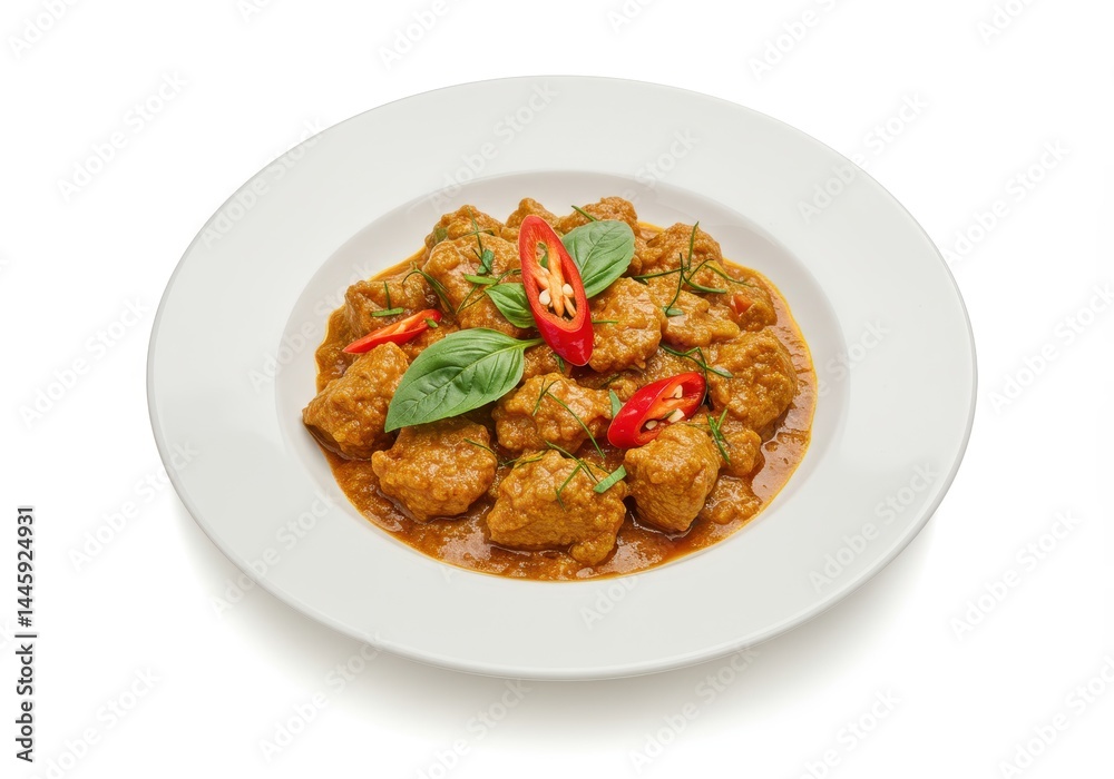 Thai red curry with pork on a white plate garnished with basil and chili Thai red curry with pork on a white plate garnished with basil and chili