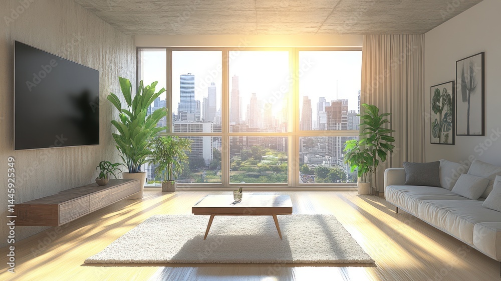 Fototapeta premium Modern city living room, bathed in sunlight, featuring large windows offering panoramic city views. Plants, TV, and comfortable seating area create a relaxing atmosphere