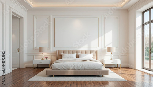 A sleek modern bedroom with a large blank poster prominently hanging on a crisp white wall. The room is tastefully furnished in a minimalist style