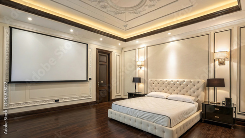 A sleek modern bedroom with a large blank poster prominently hanging on a crisp white wall. The room is tastefully furnished in a minimalist style