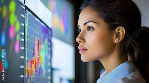 Navigating Market Insights: A focused and astute woman analyses stock market trends on illuminated screens, with financial growth and market analysis in the background.