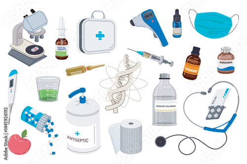 Medical tools set in flat graphic design. Collection isolated elements of microscope, nasal, drops, first aid kit, thermometer, vitamins, mask, test cup, ampoule, syringe, other. Vector illustration.