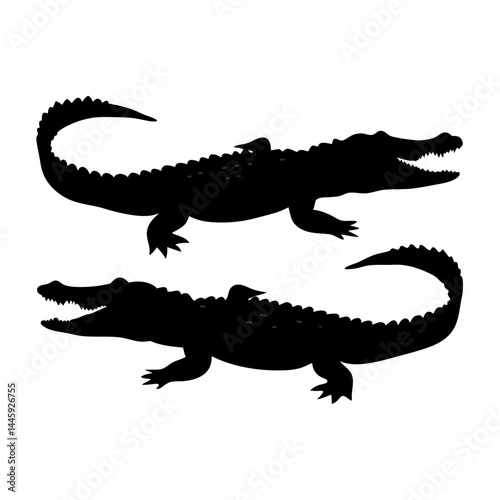 Silhouette of two crocodiles with sharp teeth and spiked tails