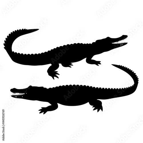 Silhouette of two crocodiles with sharp teeth and spiked tails