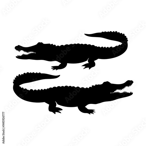 Silhouette of two crocodiles with sharp teeth and spiked tails