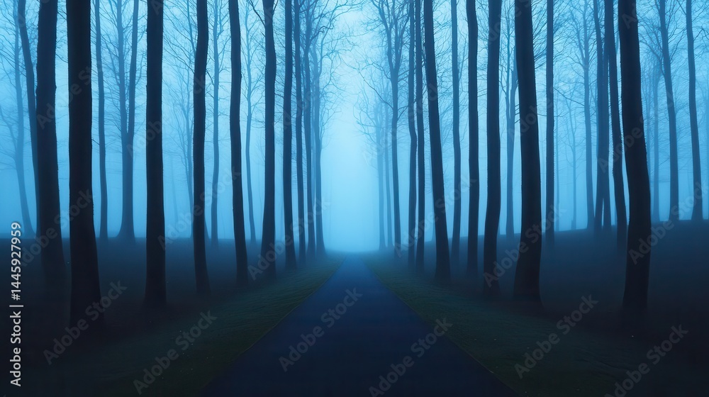 Obraz premium A surreal misty landscape with a lone pathway disappearing into a moody, ethereal forest