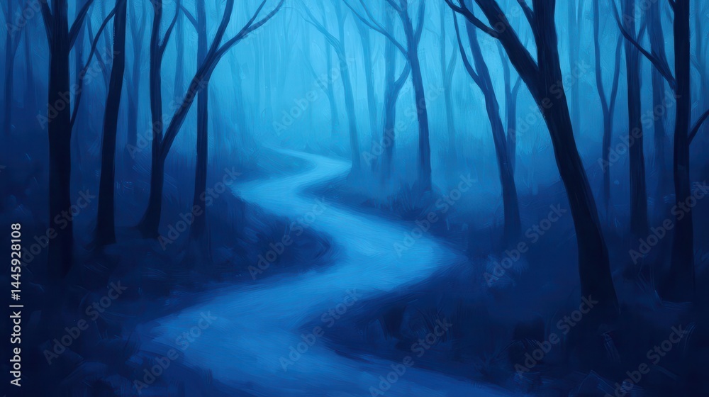 Fototapeta premium Serpentine trail meandering through a misty forest, moody and dreamlike atmosphere