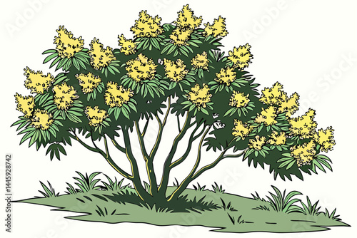 63 Lush yellow daisy bush, vibrant floral arrangement, garden centerpiece, bright golden blooms, dense foliage, natural botanical display, isolated on white background, photorealistic, high detail, so