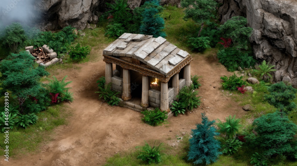 Fototapeta premium Ancient Greek-style temple ruins in lush jungle with vibrant plants and rocky cliffs