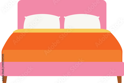 bright pink bedding with pillow and blanket, minimal bed furniture for bedroom flat vector isolated illustration