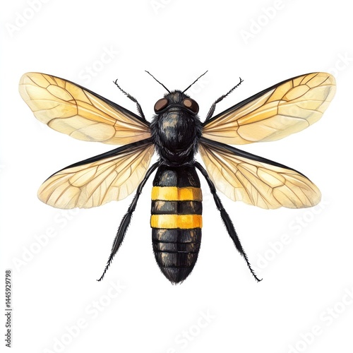 Detailed close up showcasing the intricate anatomy and vibrant of a striped insect such as a bee wasp or hornet in a natural wildlife setting