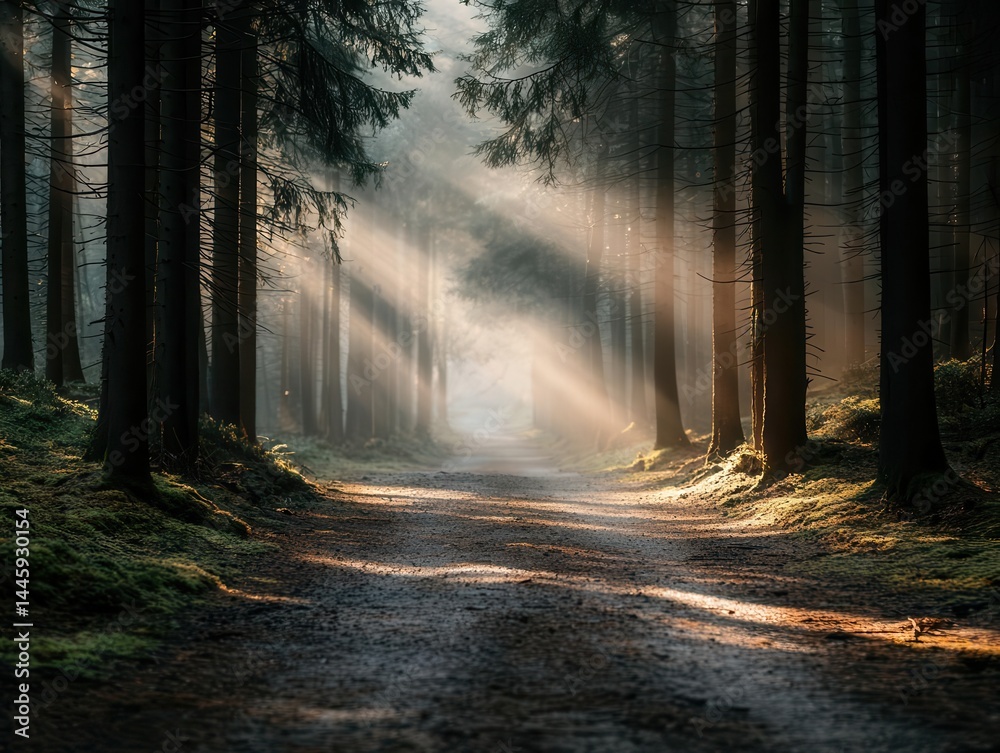 Fototapeta premium Morning sun rays breaking through a misty pathway, moody fog drifting through the trees
