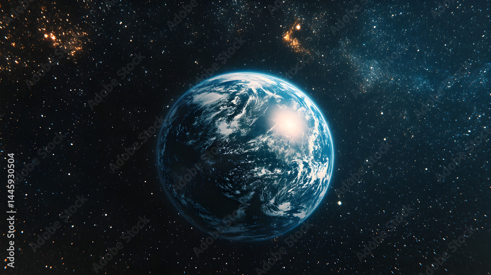 Planet Earth in deep space with sunlight and distant stars Planet Earth in deep space with sunlight and distant stars