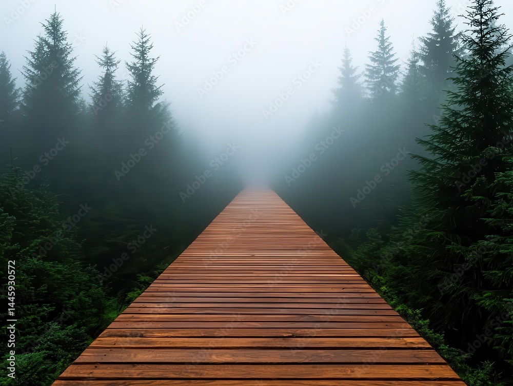 Fototapeta premium Fogcovered wooden pathway disappearing into a moody, misty forest