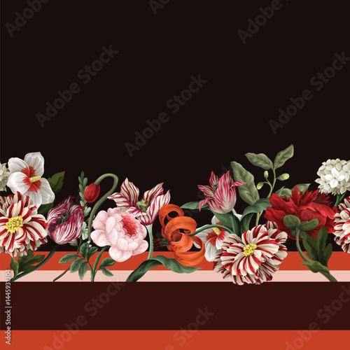 Border pattern with oil painting rococo still-lifes flowers. Vector.