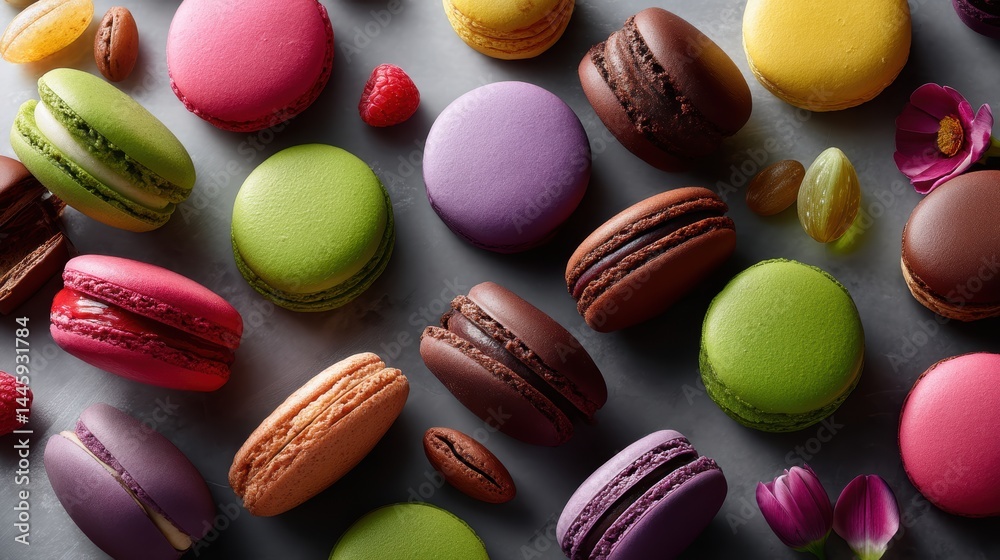 Colorful countertop with scattered macarons captured in crisp overhead style, with rich hues, soft contrast, and high-resolution food photography quality. Colorful countertop with scattered macarons captured in crisp overhead style, with rich hues, soft contrast, and high-resolution food photography quality.