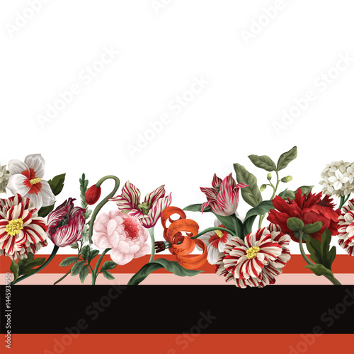 Border pattern with oil painting rococo still-lifes flowers. Vector.