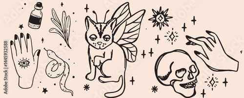 Hand-drawn vintage mystical and magic symbols illustration
