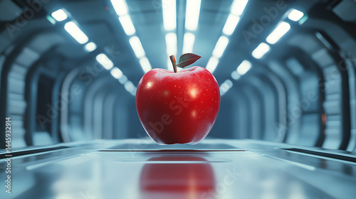 Red apple levitating in a futuristic sci-fi corridor with glowing lights