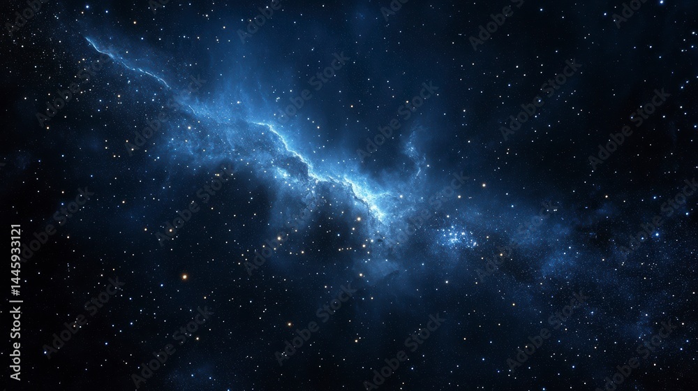 Naklejka premium Deep space nebula with blue glowing gas and dust clouds, stars scattered across a dark background.