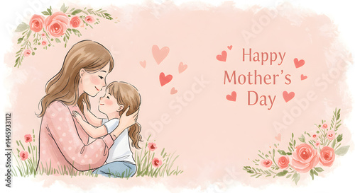 Happy mothers day card vector illustration of mother and child in loving embrace with floral decorations