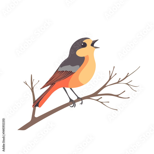 Bird Singing On A Branch, Flat vector, minimalist design, isolated on a white background.