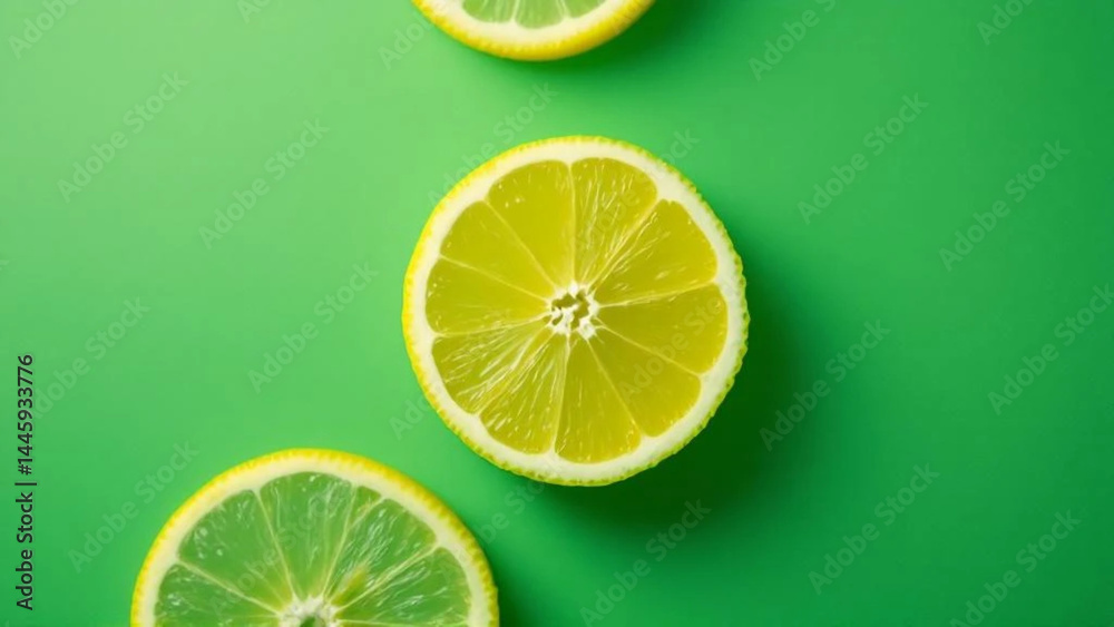 Slices of lemons on green background.