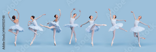 Banner. Collage of one model. Ballerina in blue tutu performing dynamic classical dance against pastel blue studio background. Concept of ballet, aesthetic, movement, dance, precision, elegance.
