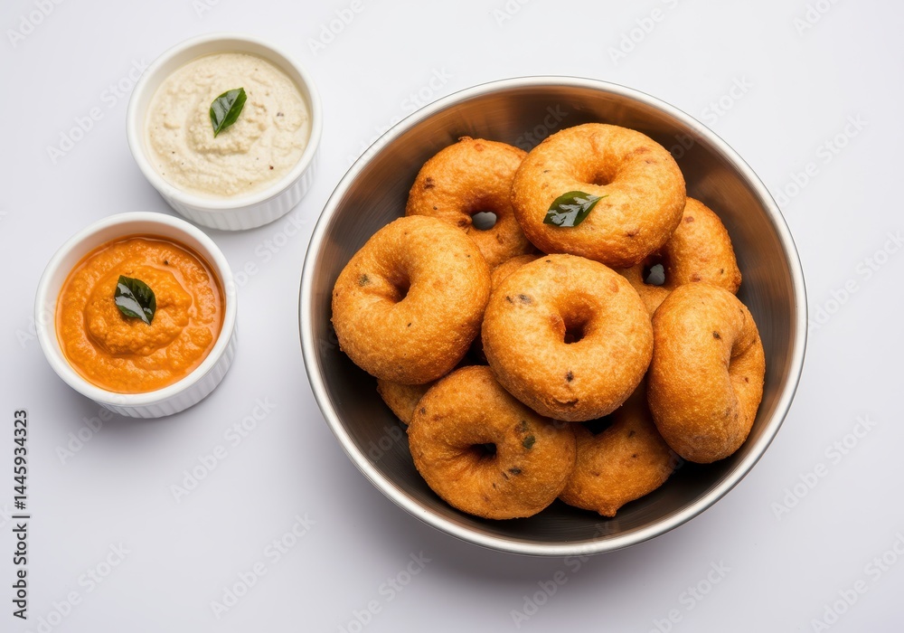Medu vada in bowl with coconut chutney and tomato chutney on white background Medu vada in bowl with coconut chutney and tomato chutney on white background