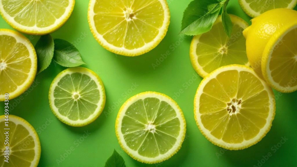Slices of lemons on green background.