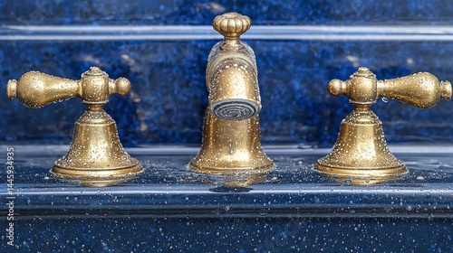 Ornate brass faucet with water droplets on blue surface
