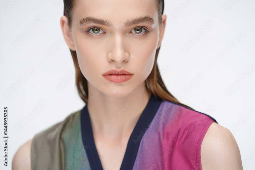 Female model posing for a portrait on a white background, modern fashion aesthetics, current style trends. Professional studio photography on a white background. Female model posing for a portrait on a white background, modern fashion aesthetics, current style trends. Professional studio photography on a white background.
