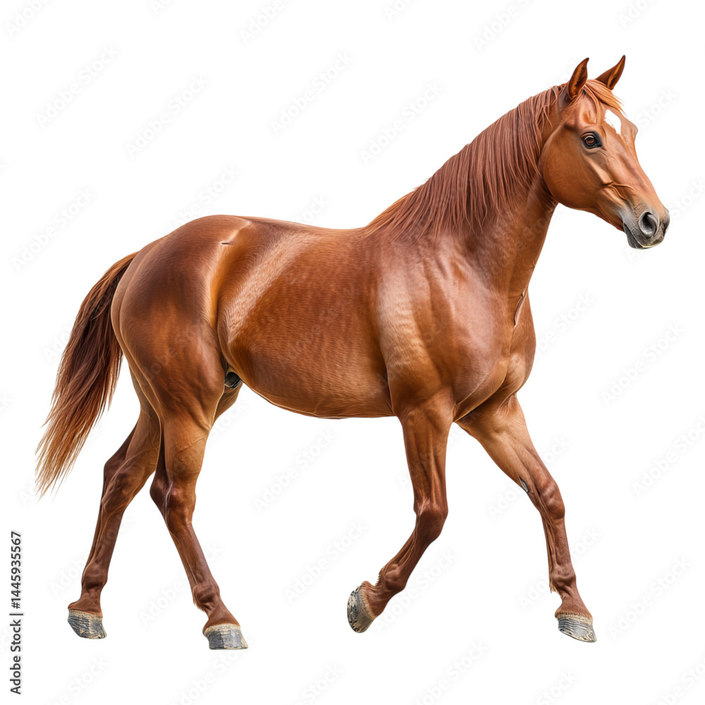 Fototapeta premium Beautiful brown horse walking sideways, side view,