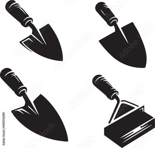 trowel silhouette vector set, black and white  illustration, construction tool trowel vector, masonry trowel silhouette icons, plastering trowel vector clipart, trowel tools black and white, hand