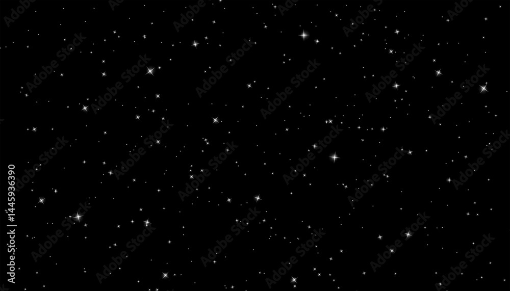 A dark night sky filled with numerous small sparkling stars scattered randomly about A dark night sky filled with numerous small sparkling stars scattered randomly about